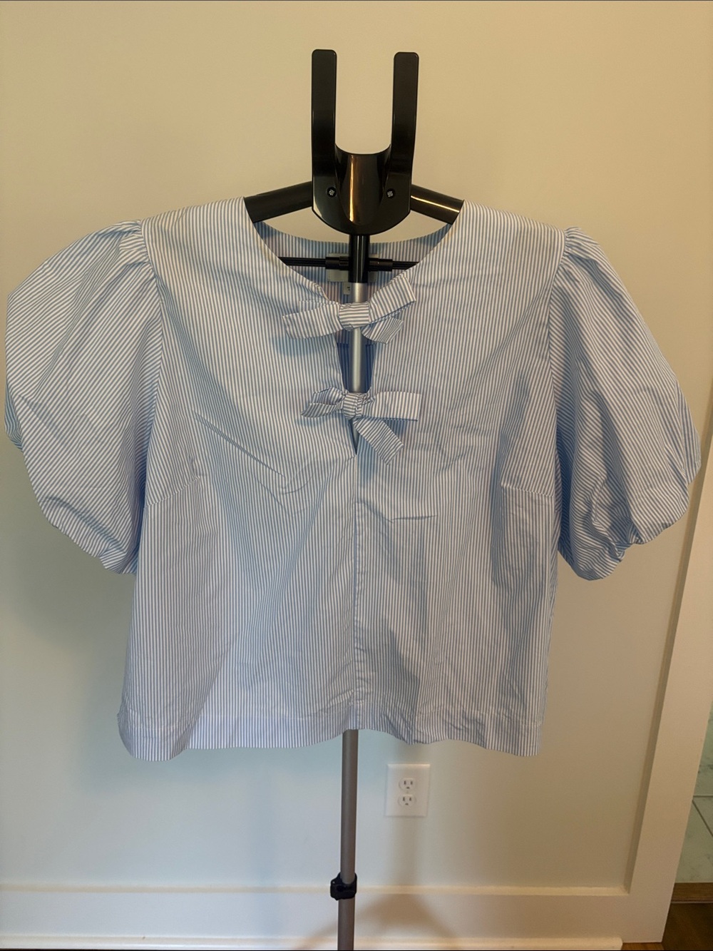 kate spade Light Blue Striped Puff-Sleeve Bow Blouse